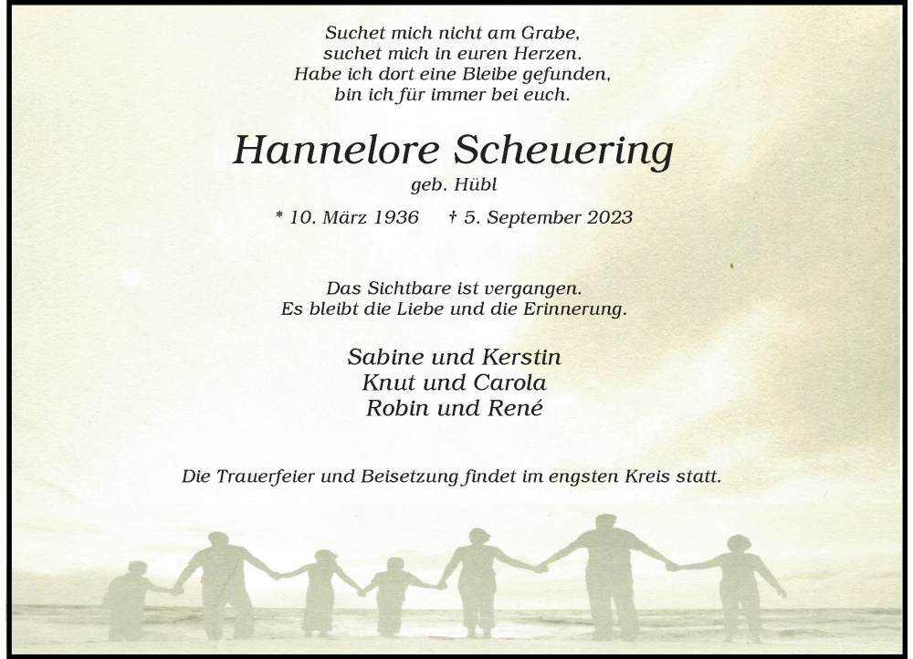  Traueranzeige für Hannelore Scheuering vom 16.09.2023 aus Rheinische Post