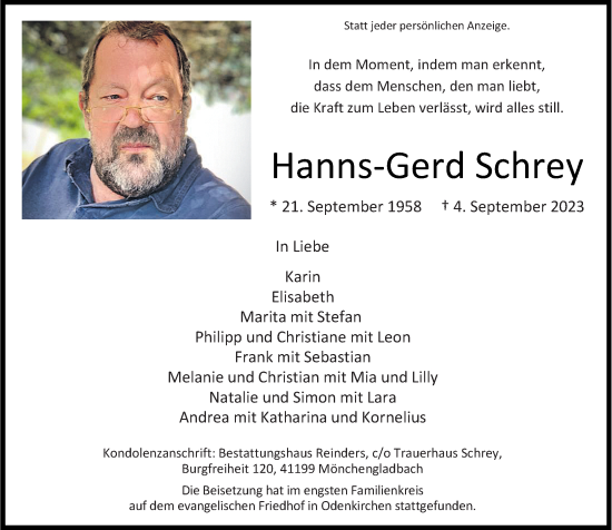 Traueranzeige von Hanns-Gerd Schrey von Rheinische Post