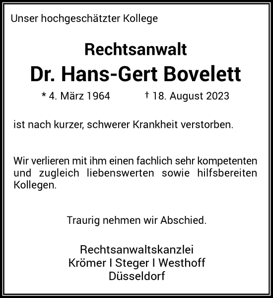 Traueranzeige von Hans-Gert Bovelett von Rheinische Post