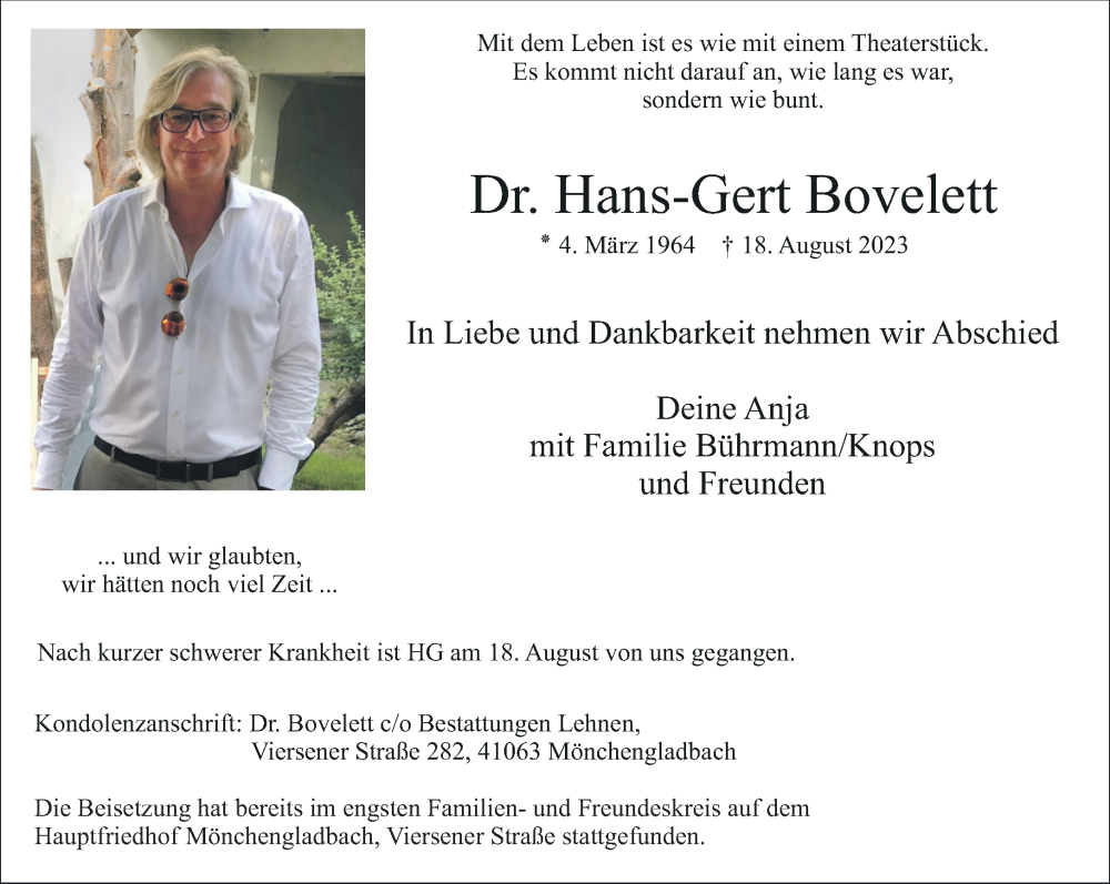  Traueranzeige für Hans-Gert Bovelett vom 02.09.2023 aus Rheinische Post