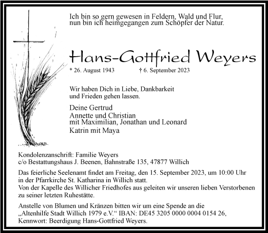 Traueranzeige von Hans-Gottfried Weyers von Rheinische Post