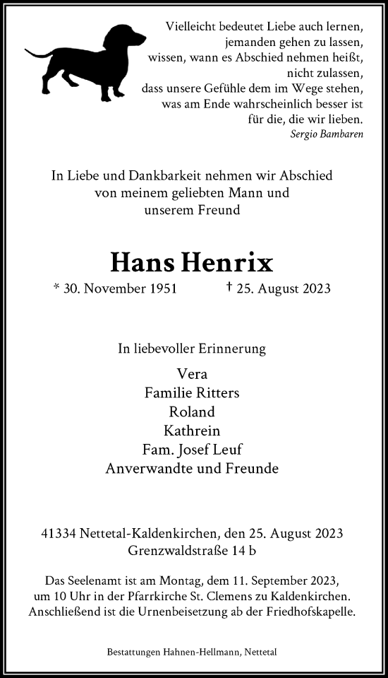 Traueranzeige von Hans Henrix von Rheinische Post
