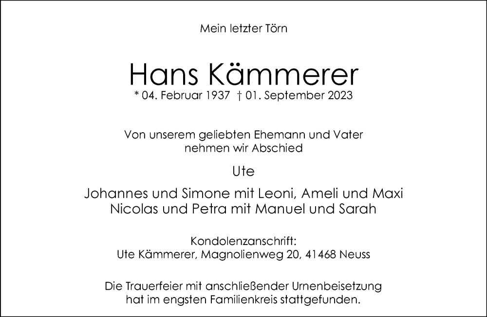  Traueranzeige für Hans Kämmerer vom 23.09.2023 aus Rheinische Post