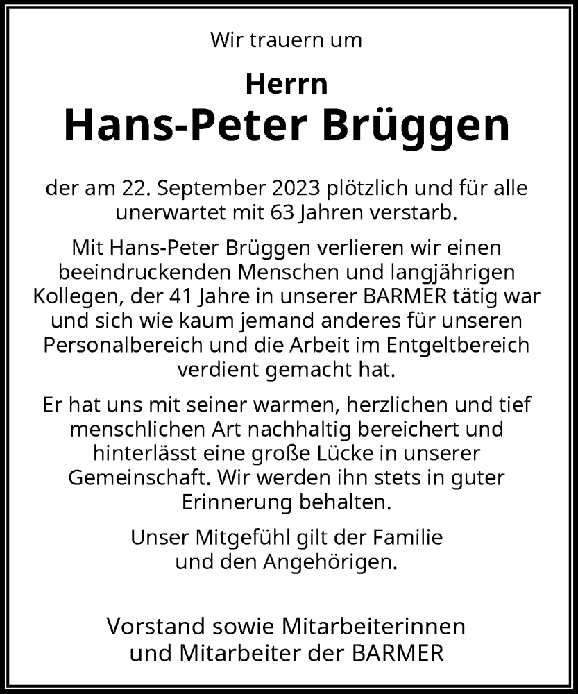  Traueranzeige für Hans-Peter Brüggen vom 30.09.2023 aus Rheinische Post
