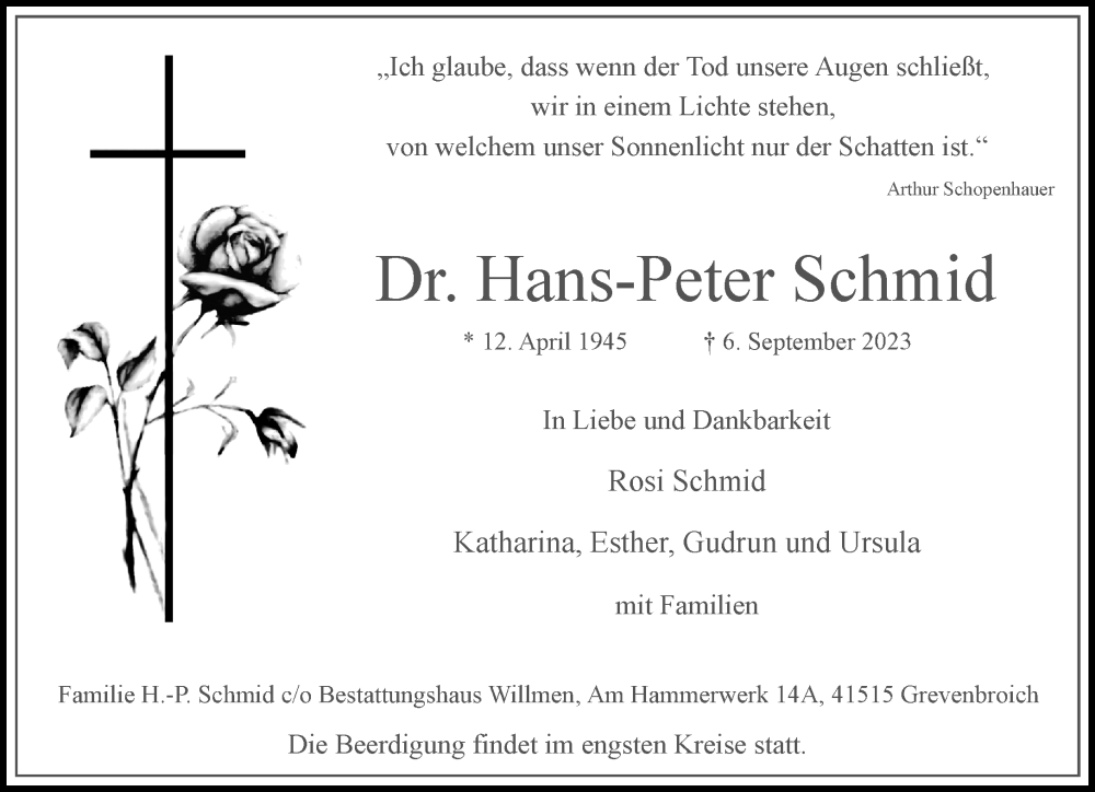  Traueranzeige für Hans-Peter Schmid vom 09.09.2023 aus Rheinische Post