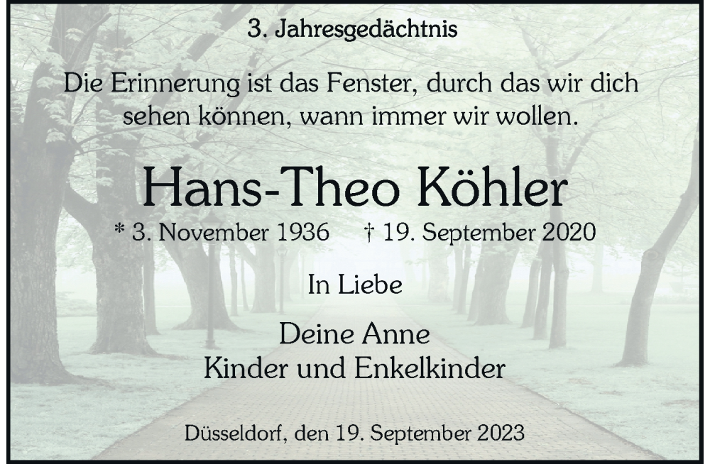  Traueranzeige für Hans-Theo Köhler vom 19.09.2023 aus Rheinische Post
