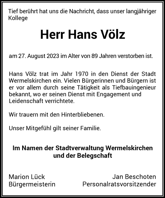 Traueranzeige von Hans Völz von Rheinische Post