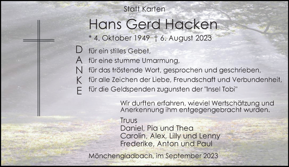  Traueranzeige für Hans Gerd Hacken vom 09.09.2023 aus Rheinische Post