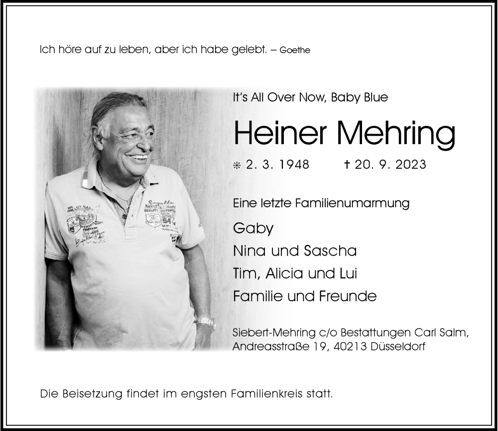  Traueranzeige für Heiner Mehring vom 30.09.2023 aus Rheinische Post