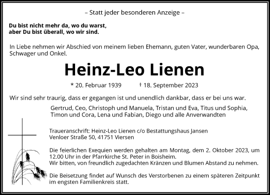 Traueranzeige von Heinz-Leo Lienen von Rheinische Post