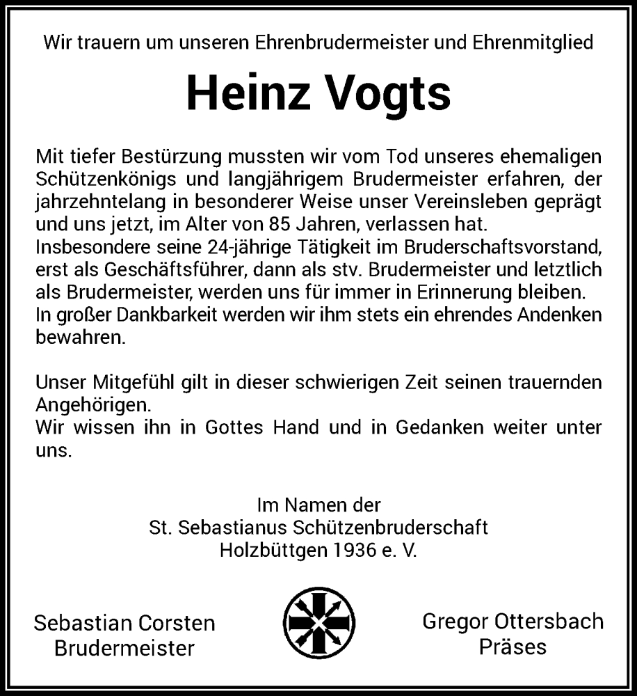 Traueranzeige für Heinz Vogts vom 30.09.2023 aus Rheinische Post