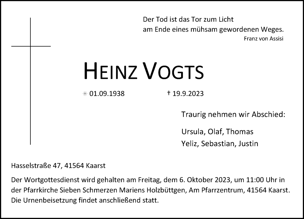  Traueranzeige für Heinz Vogts vom 30.09.2023 aus Rheinische Post
