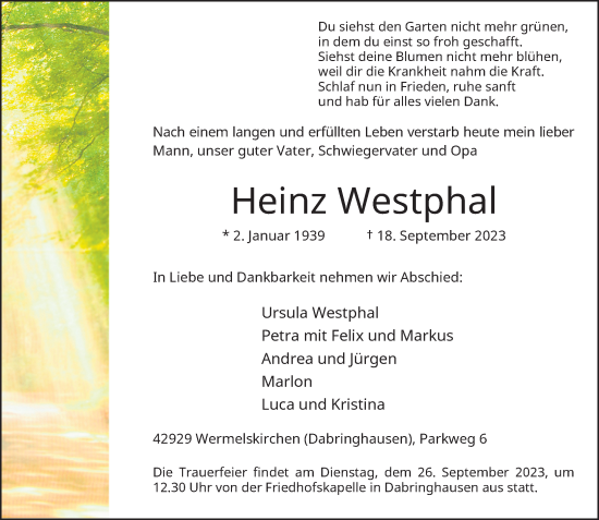 Traueranzeige von Heinz Westphal von Rheinische Post