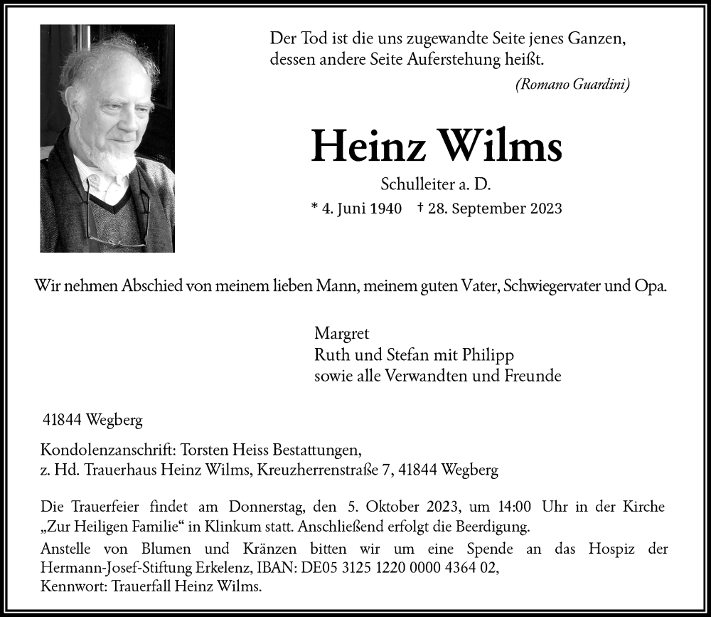  Traueranzeige für Heinz Wilms vom 02.10.2023 aus Rheinische Post
