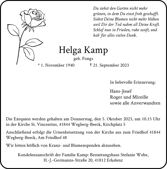 Traueranzeige von Helga Kamp von Rheinische Post