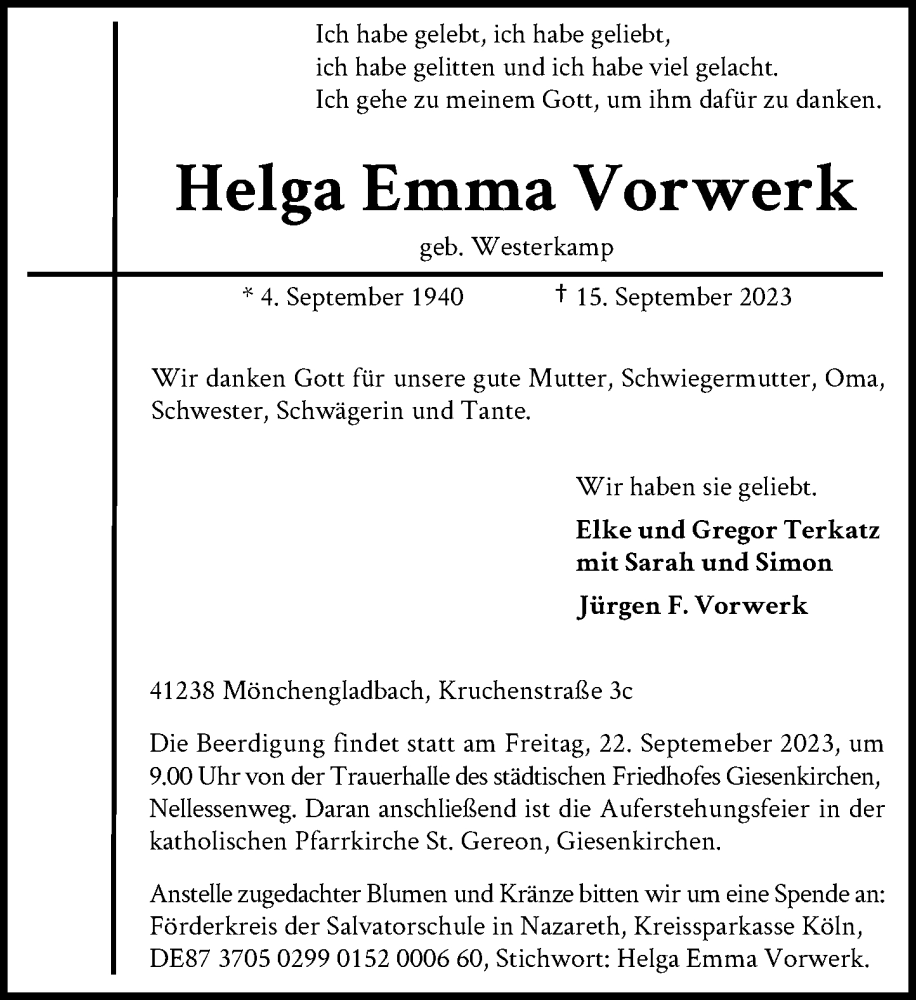  Traueranzeige für Helga Emma Vorwerk vom 20.09.2023 aus Rheinische Post