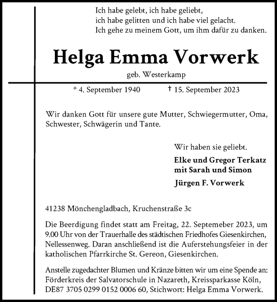 Traueranzeige von Helga Emma Vorwerk von Rheinische Post