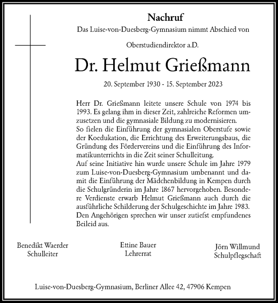 Traueranzeige von Helmut Grießmann von Rheinische Post