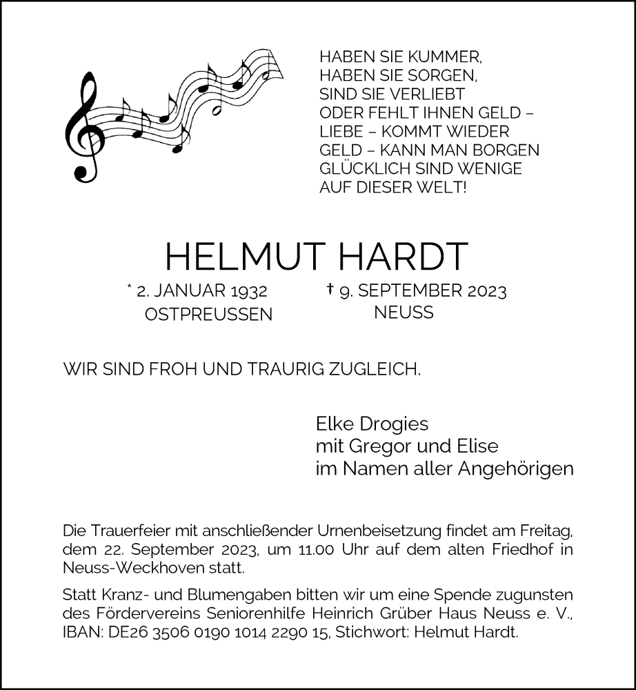  Traueranzeige für Helmut Hardt vom 16.09.2023 aus Rheinische Post