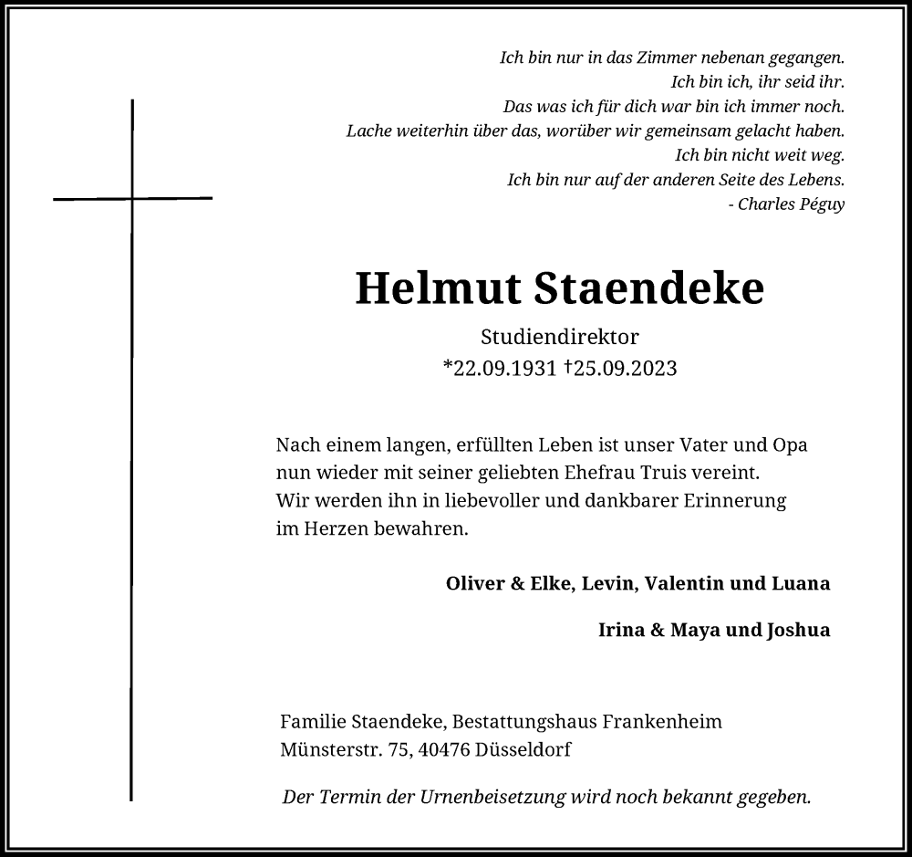  Traueranzeige für Helmut Staendeke vom 30.09.2023 aus Rheinische Post
