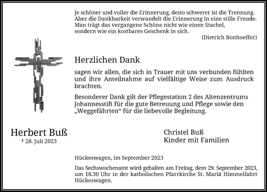 Traueranzeige von Herbert Buß von Rheinische Post