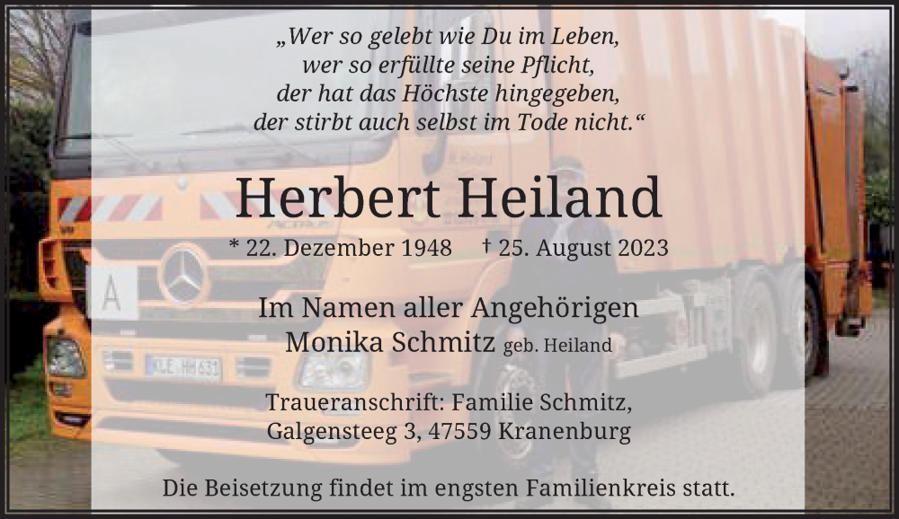  Traueranzeige für Herbert Heiland vom 09.09.2023 aus Rheinische Post