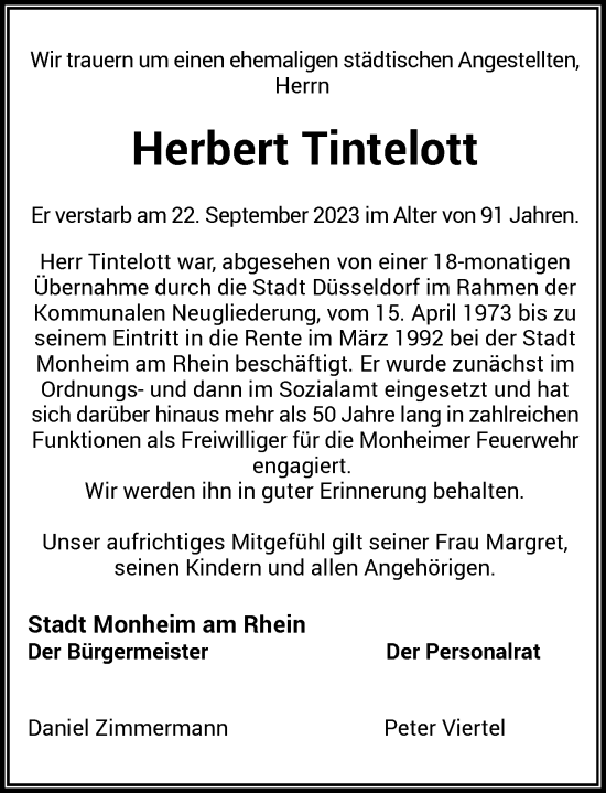 Traueranzeige von Herbert Tintelott von Rheinische Post