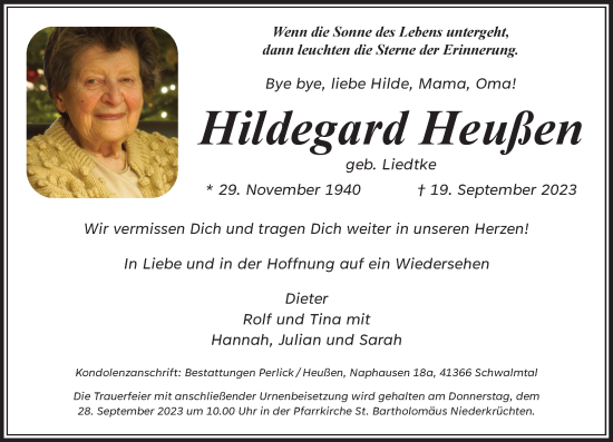 Traueranzeige von Hildegard Heußen von Rheinische Post