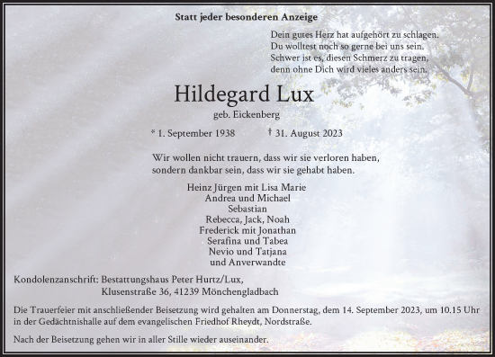 Traueranzeige von Hildegard Lux von Rheinische Post