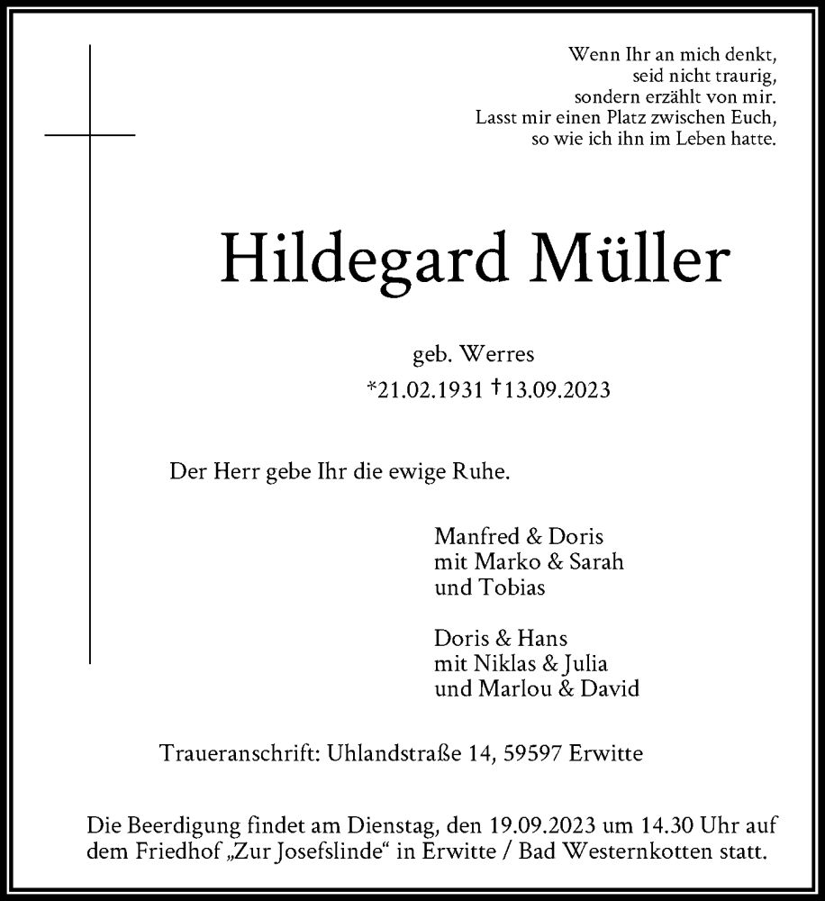  Traueranzeige für Hildegard Müller vom 16.09.2023 aus Rheinische Post