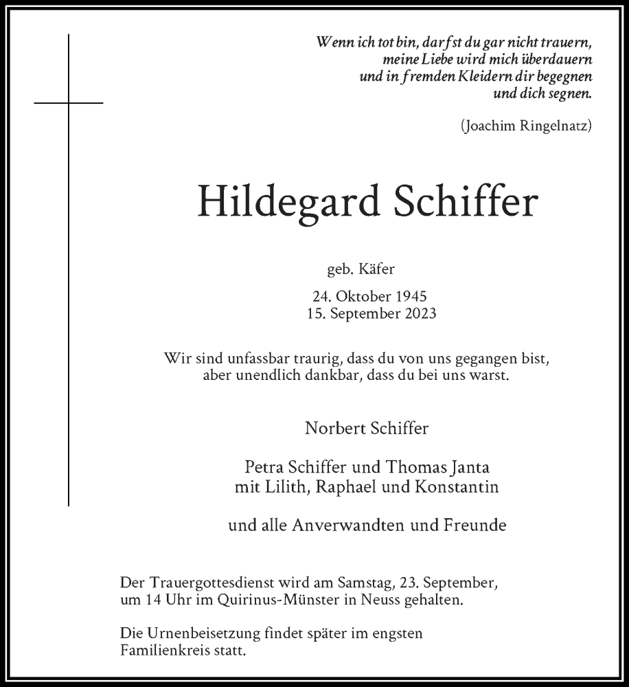  Traueranzeige für Hildegard Schiffer vom 20.09.2023 aus Rheinische Post