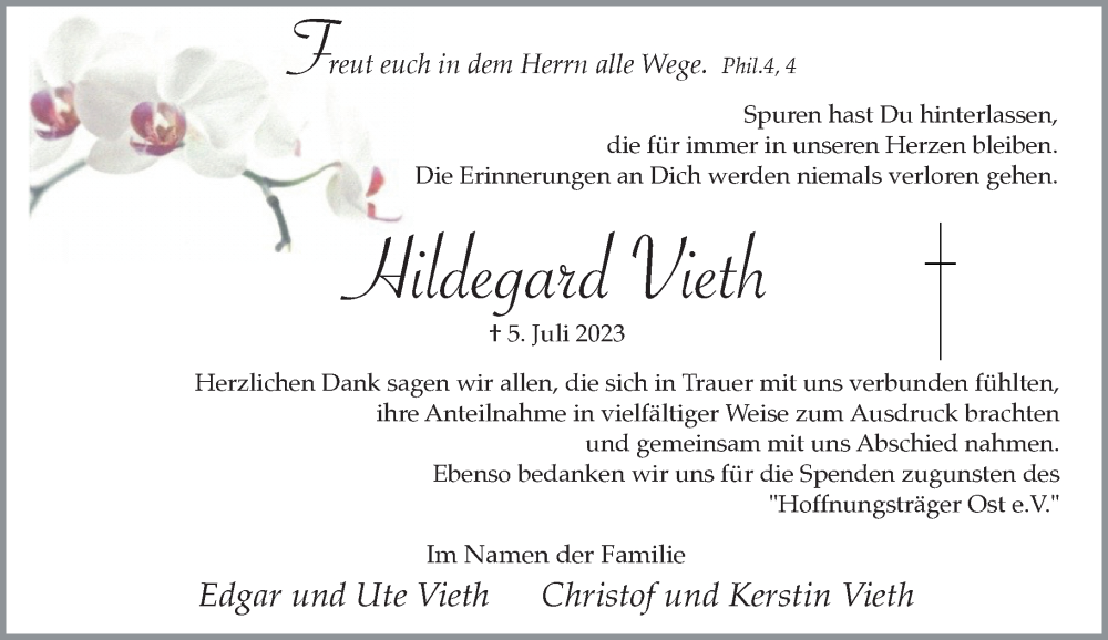  Traueranzeige für Hildegard Vieth vom 30.09.2023 aus Rheinische Post