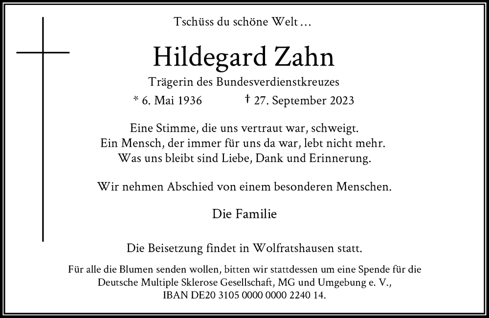  Traueranzeige für Hildegard Zahn vom 30.09.2023 aus Rheinische Post