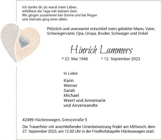 Traueranzeige von Hinrich Lammers von Rheinische Post