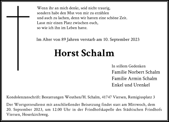 Traueranzeige von Horst Schalm von Rheinische Post