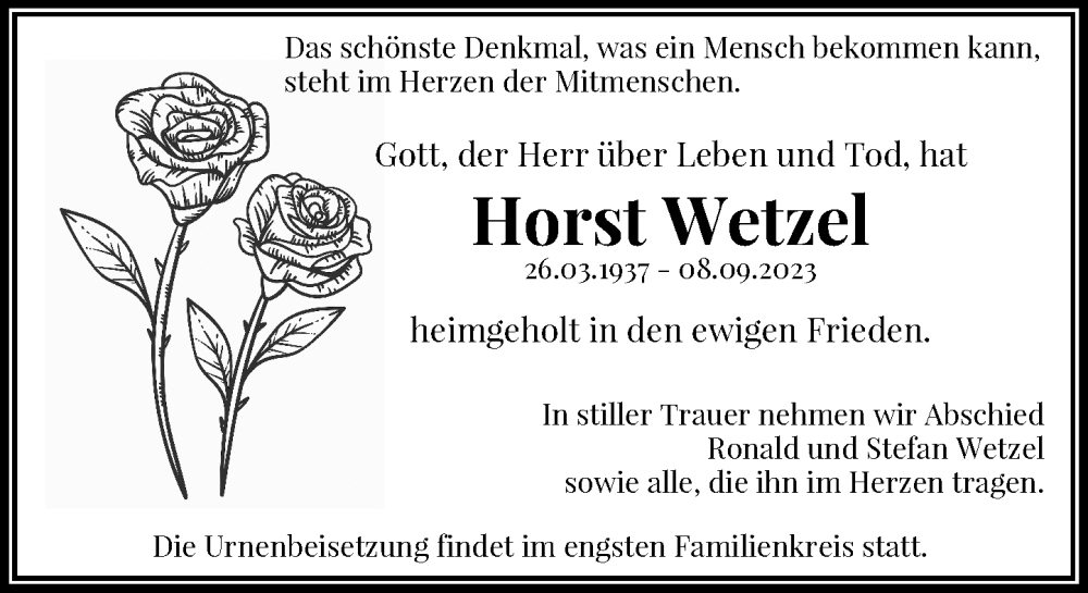  Traueranzeige für Horst Wetzel vom 12.09.2023 aus Rheinische Post