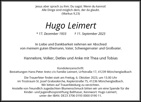 Traueranzeige von Hugo Leimert von Rheinische Post