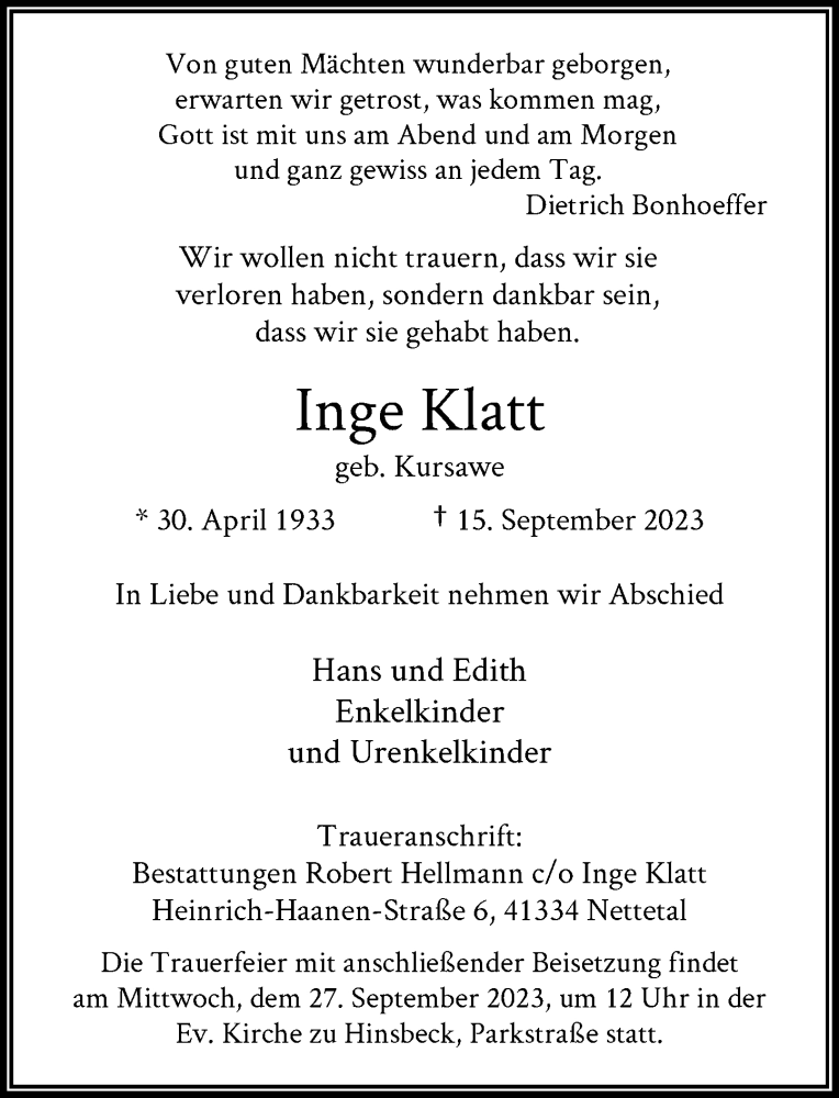  Traueranzeige für Inge Klatt vom 23.09.2023 aus Rheinische Post