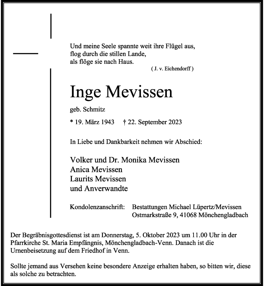  Traueranzeige für Inge Mevissen vom 30.09.2023 aus Rheinische Post