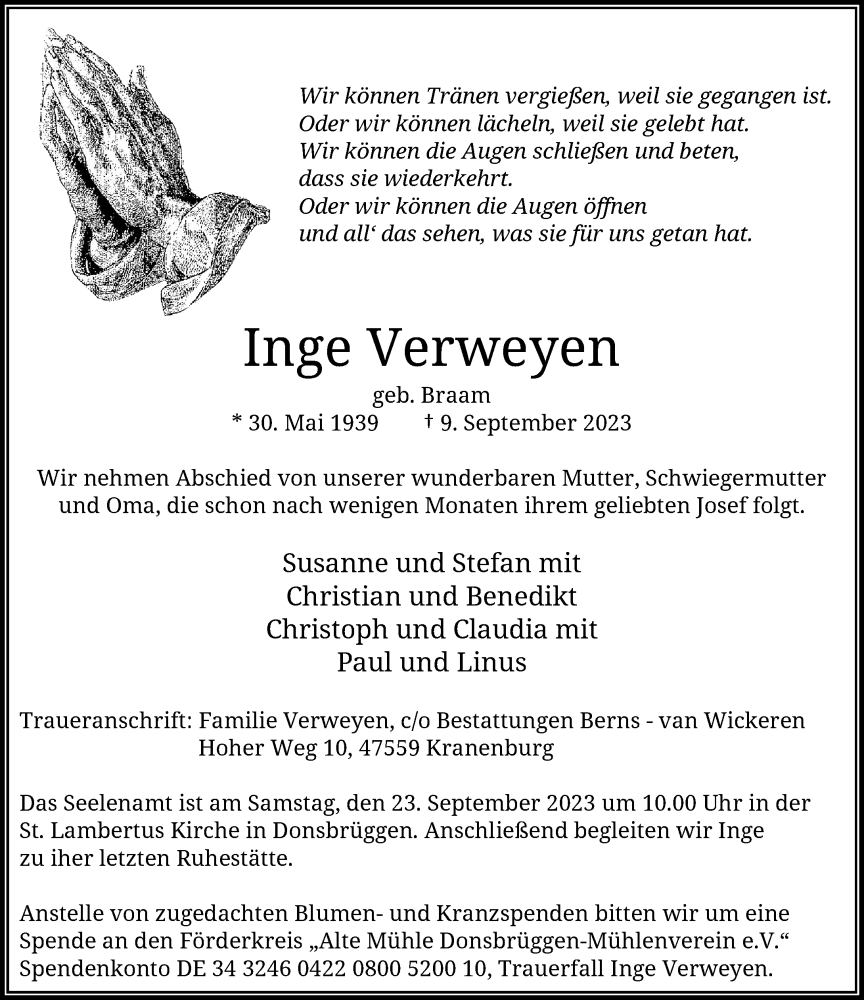  Traueranzeige für Inge Verweyen vom 16.09.2023 aus Rheinische Post