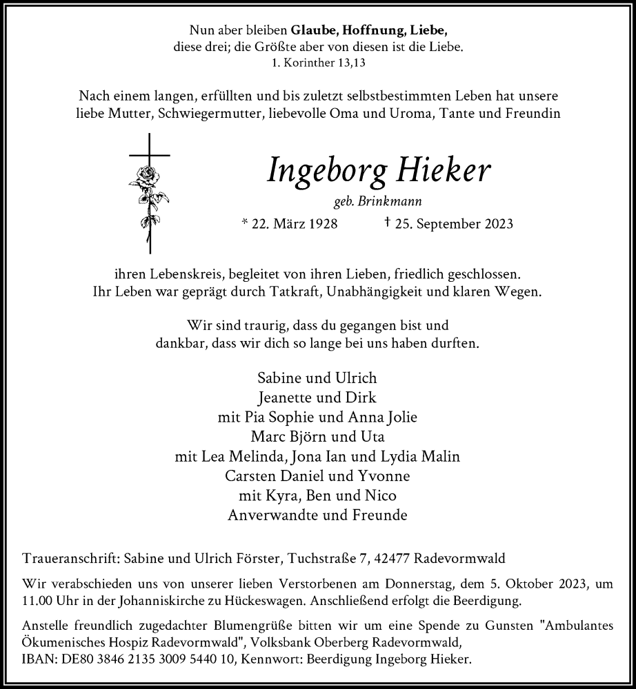  Traueranzeige für Ingeborg Hieker vom 30.09.2023 aus Rheinische Post