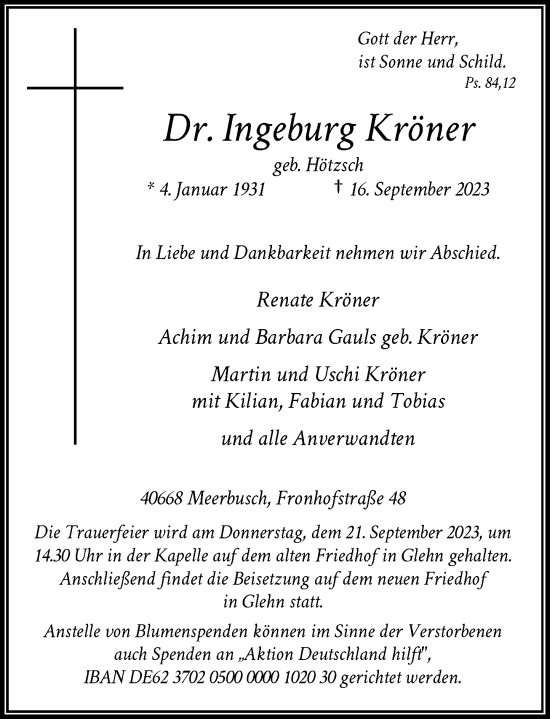 Traueranzeige von Ingeburg Kröner von Rheinische Post