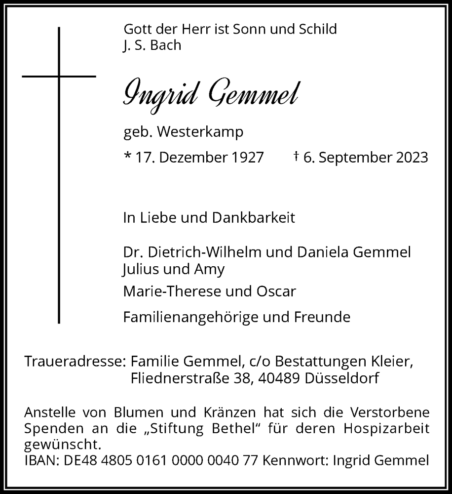 Traueranzeige für Ingrid Gemmel vom 13.09.2023 aus Rheinische Post