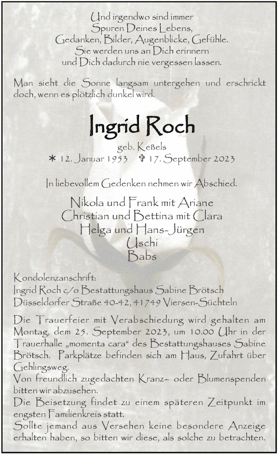 Traueranzeige von Ingrid Roch von Rheinische Post