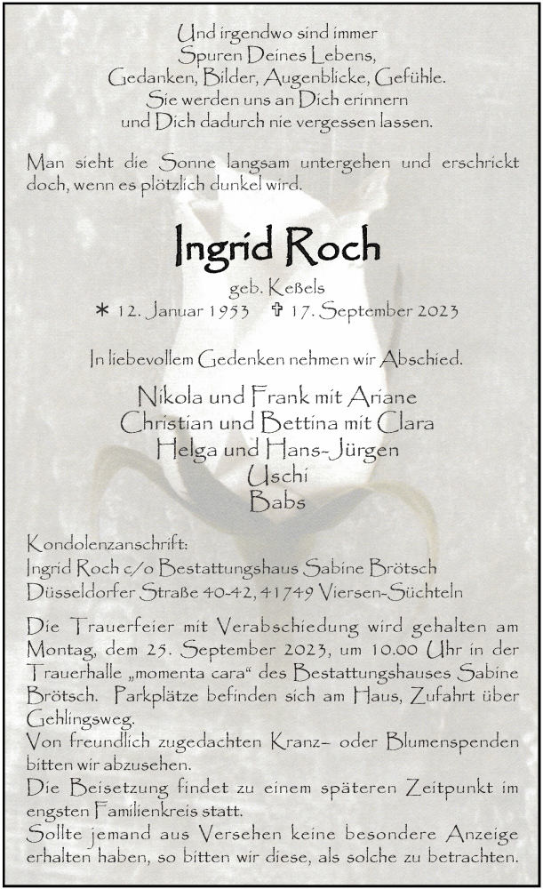  Traueranzeige für Ingrid Roch vom 20.09.2023 aus Rheinische Post
