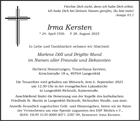 Alle Traueranzeigen Für Irma Kersten | Trauer.rp-online.de