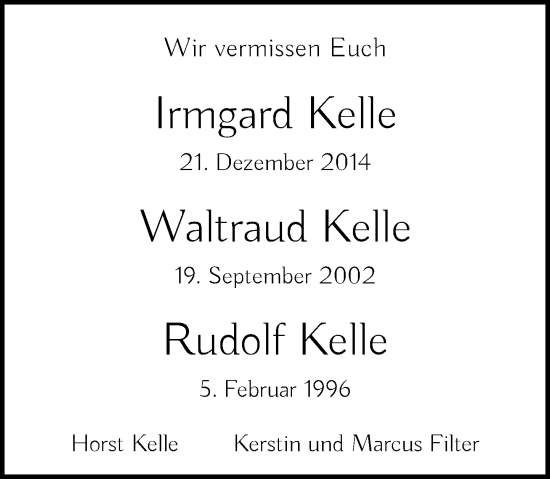 Traueranzeige von Irmgard, Waltraud, Rudolf  Kelle von Rheinische Post