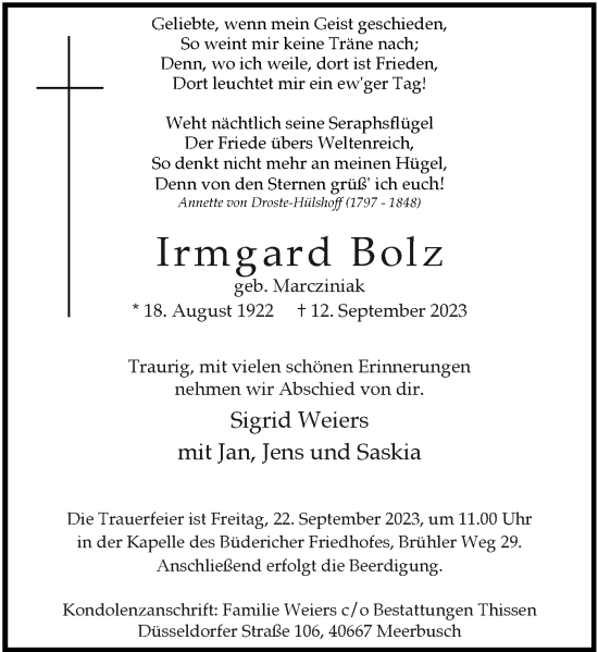 Traueranzeige von Irmgard Bolz von Rheinische Post