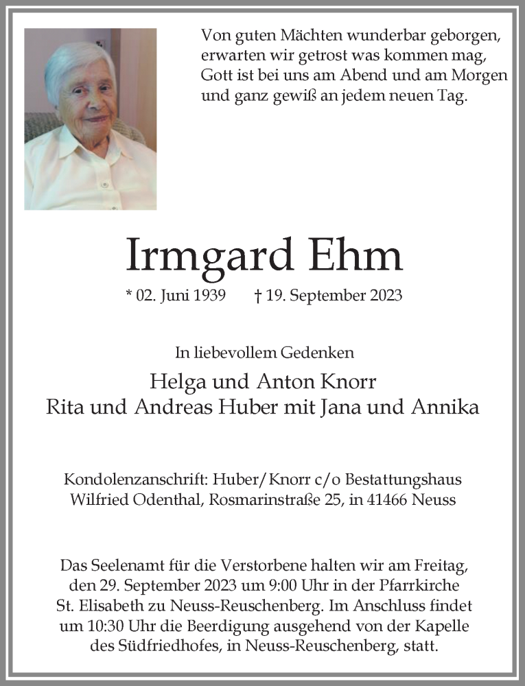  Traueranzeige für Irmgard Ehm vom 23.09.2023 aus Rheinische Post
