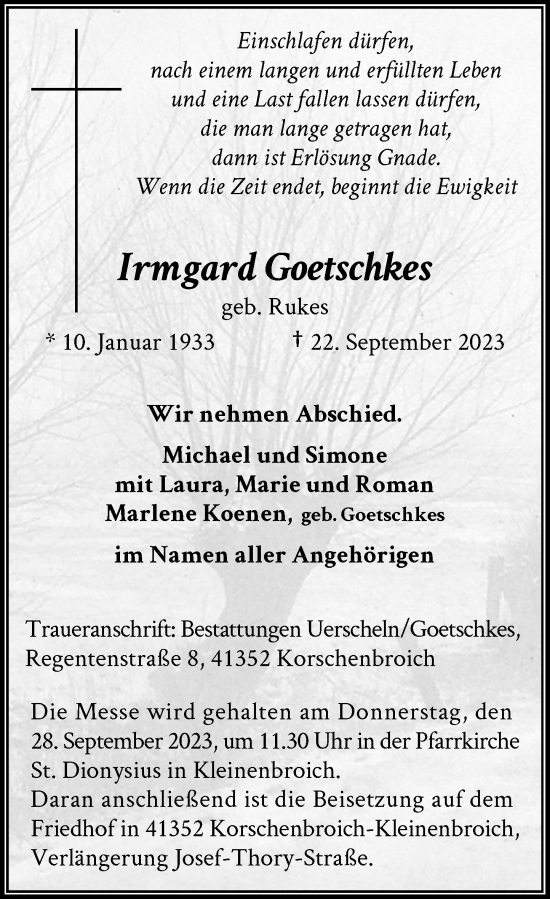 Traueranzeige von Irmgard Goetschkes von Rheinische Post